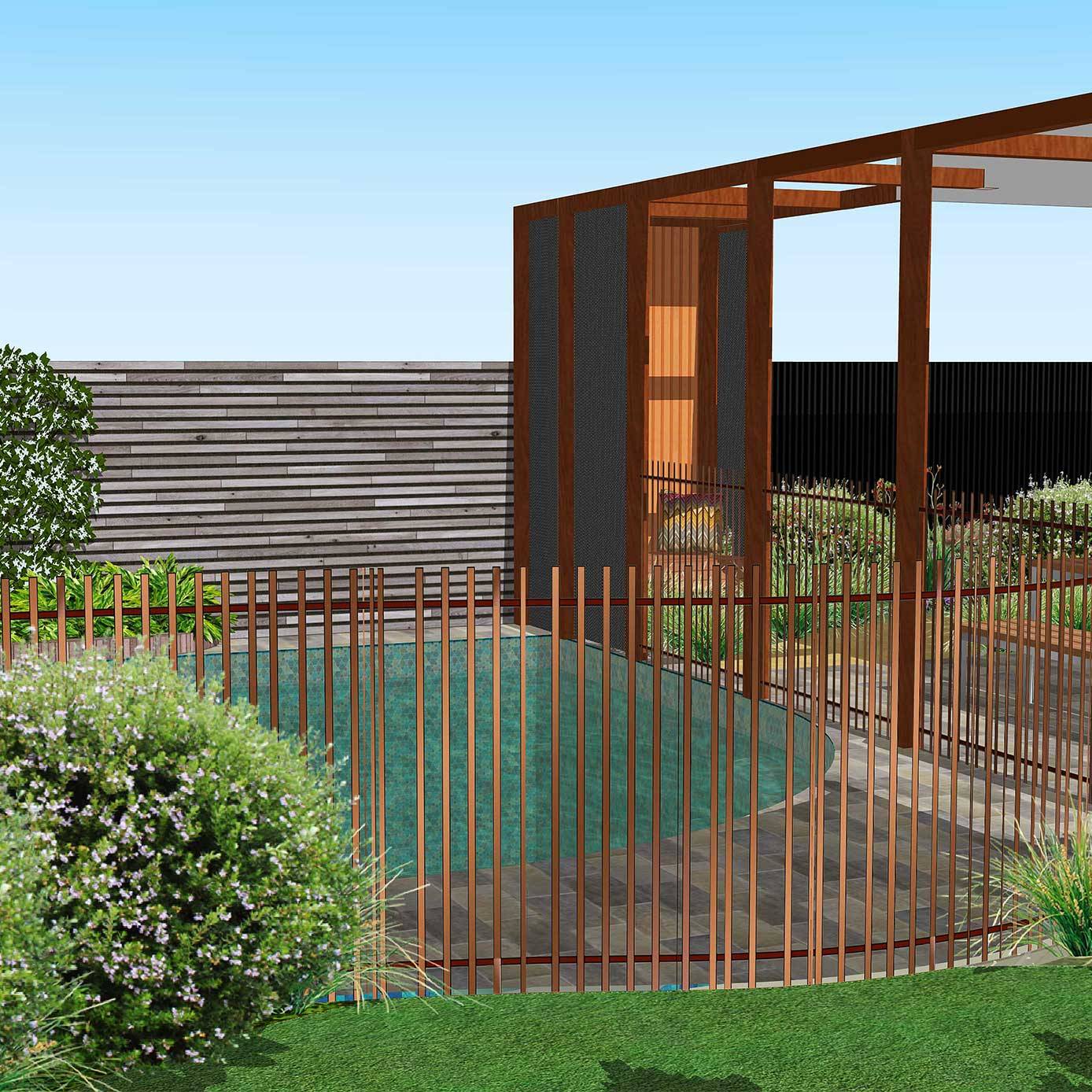 3d image of a pool and garden
